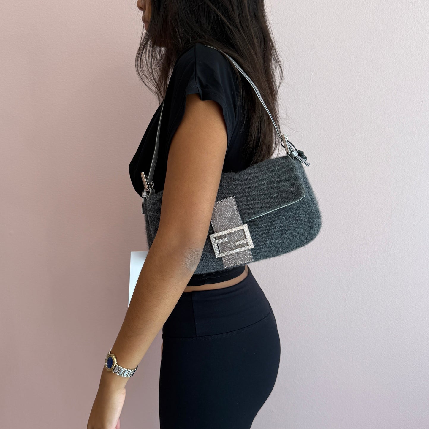 Fendi Gray Wool & Lizard Baguette Shoulder Bag