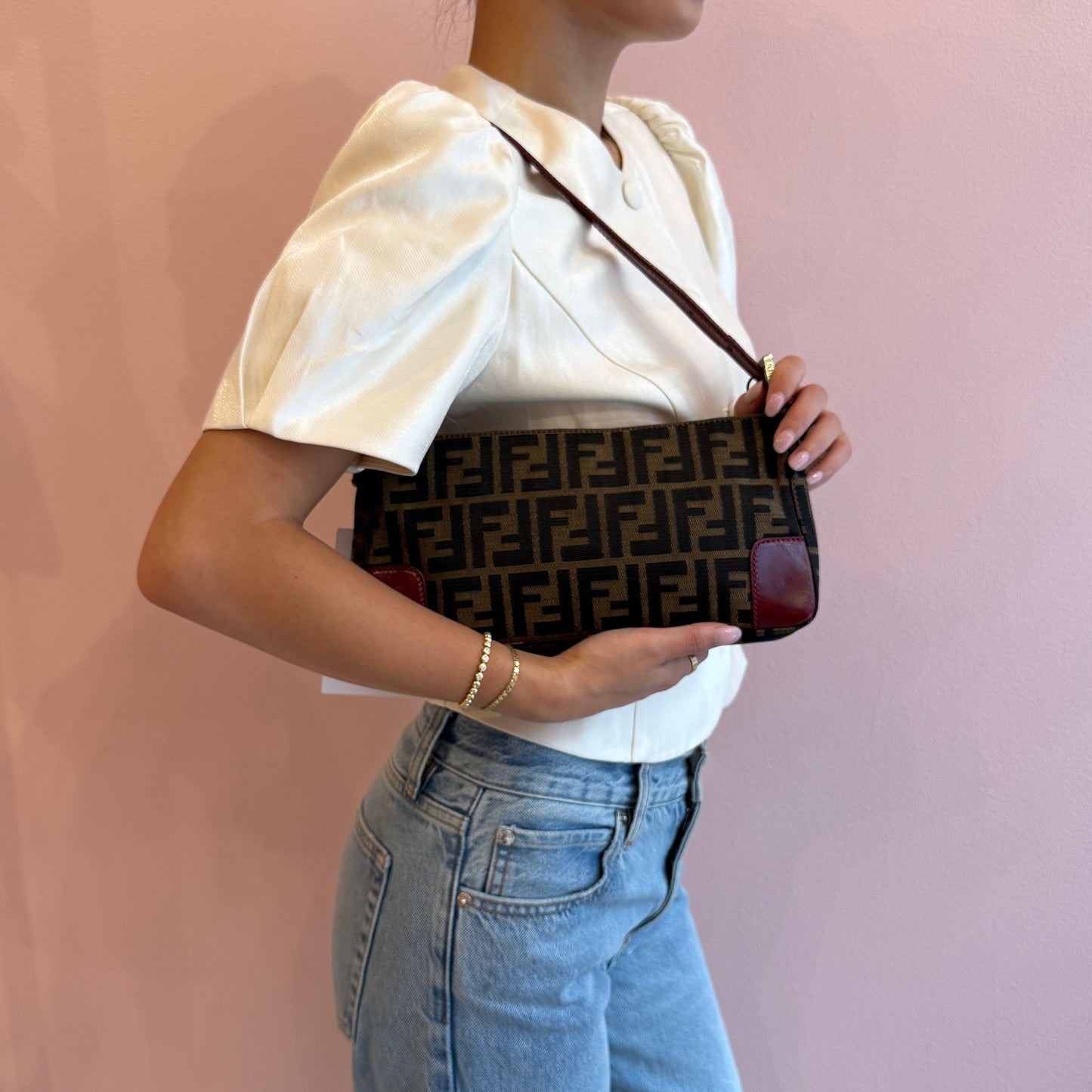 Fendi Brown & Red Canvas & Leather Pochette Accessory