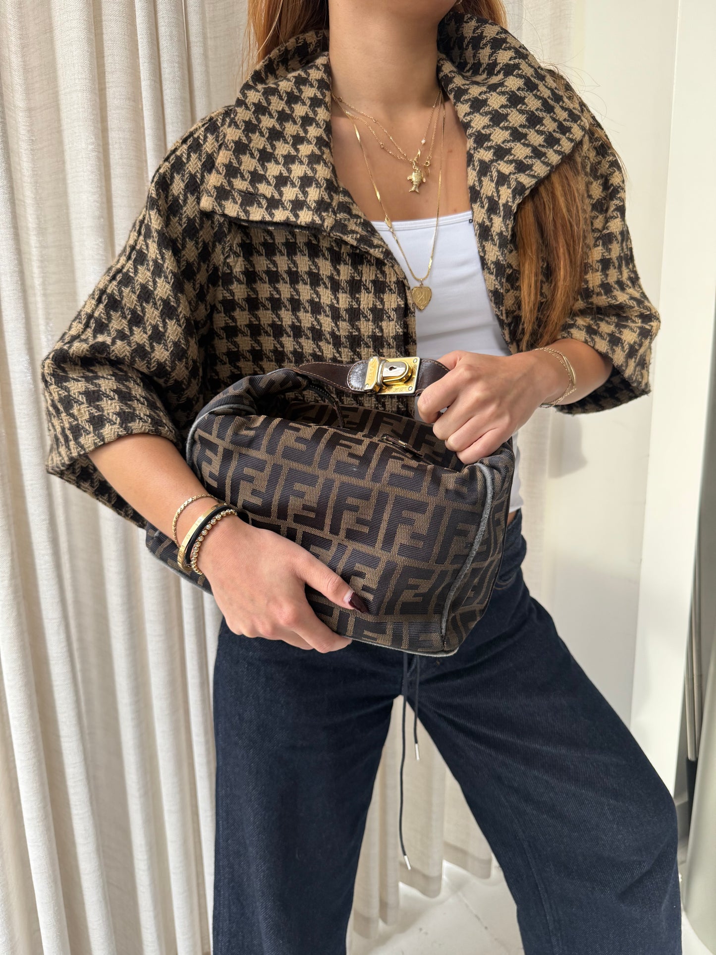 Fendi Brown Zucca Canvas Clip Top Vanity Bag