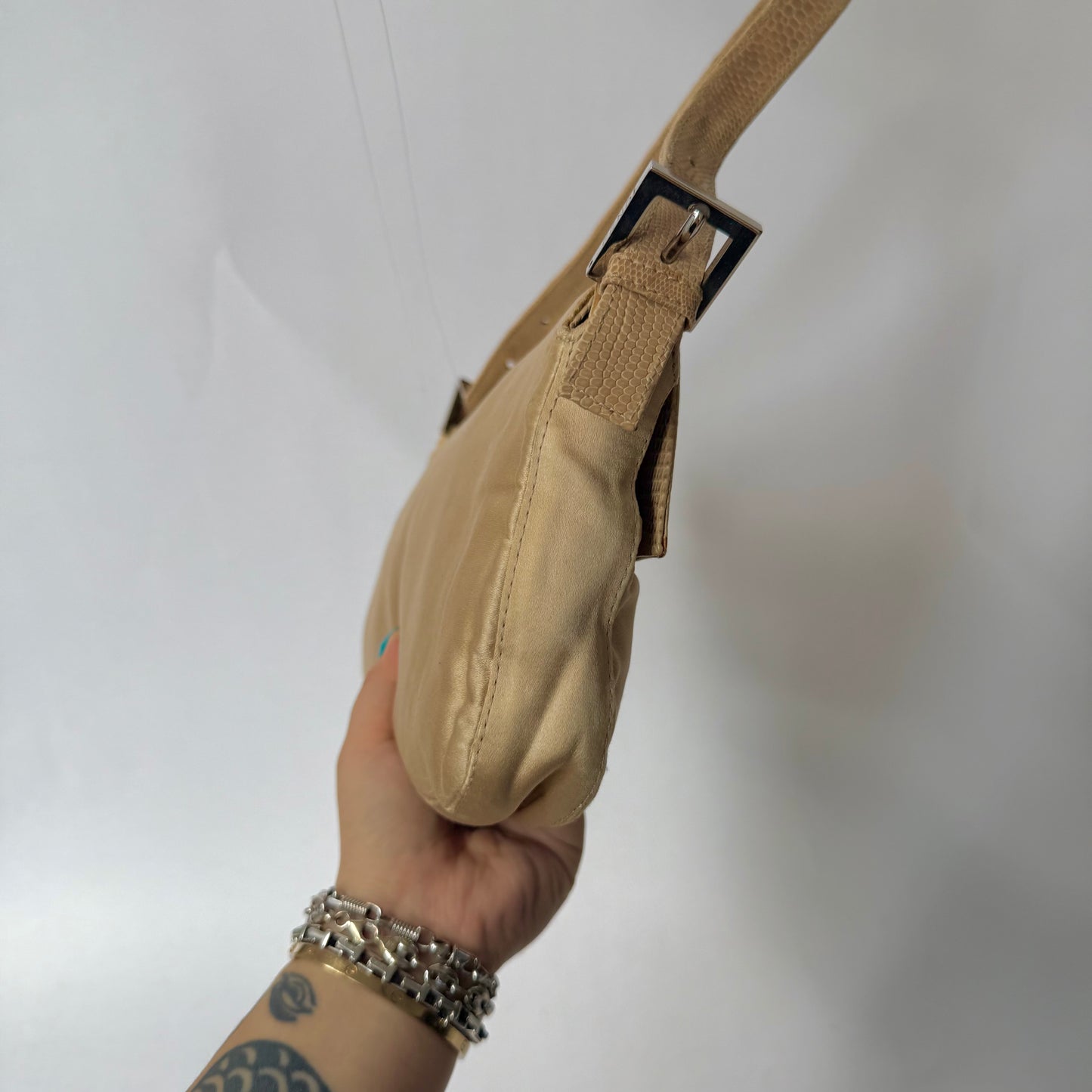 Fendi Beige Satin & Python Baguette Shoulder Bag