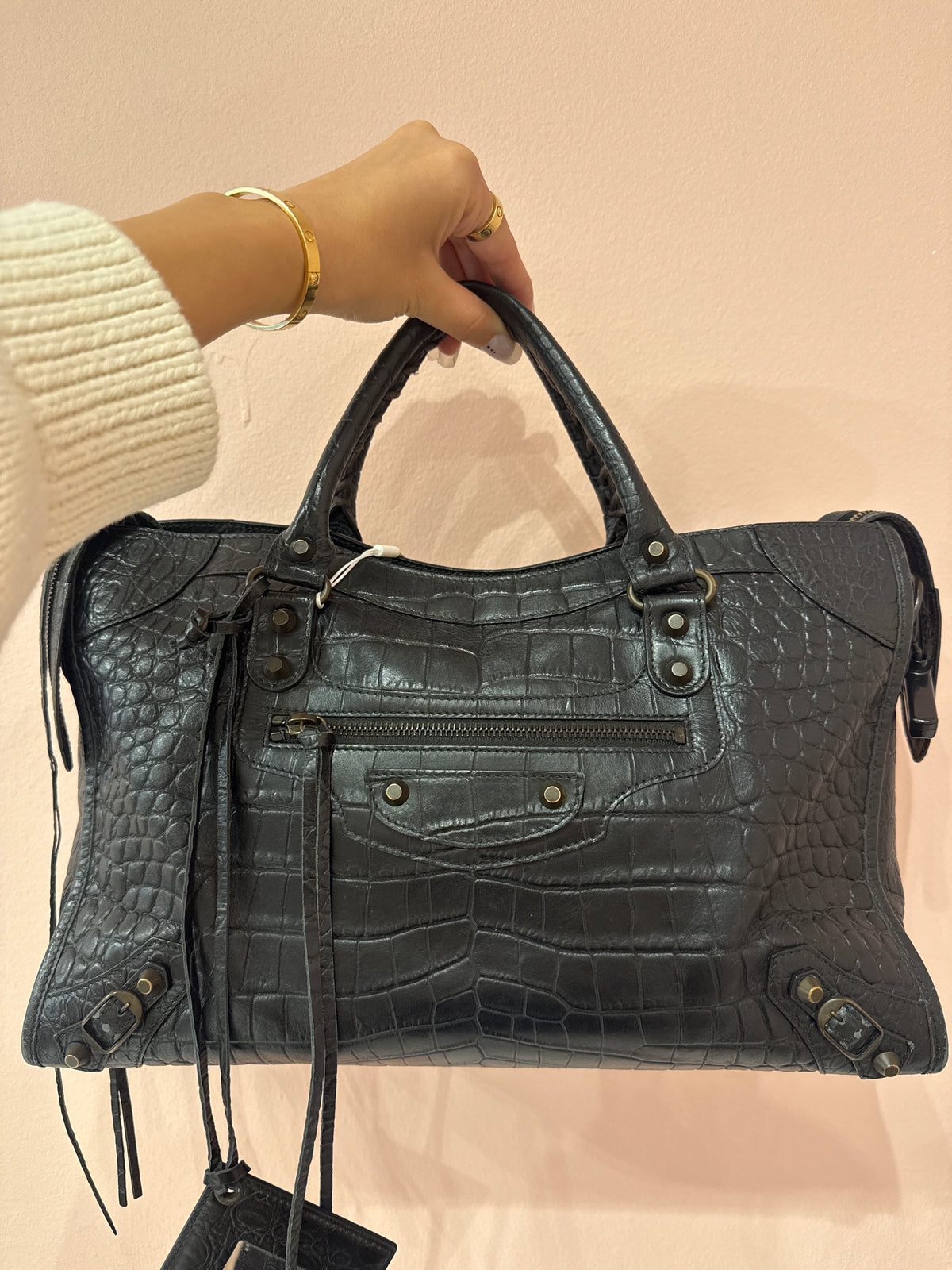 Balenciaga Black Croc Embossed City Bag w/ Bronze Hardware