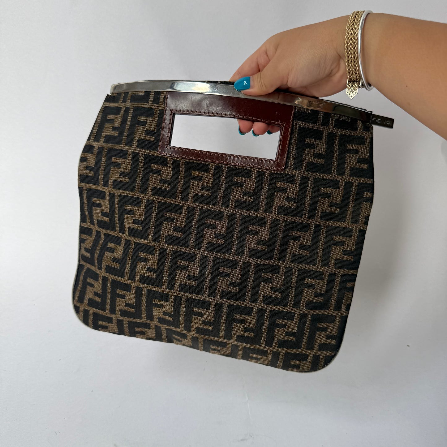 Fendi Zucca Monogram Silver Trim Top Handle Flat Bag