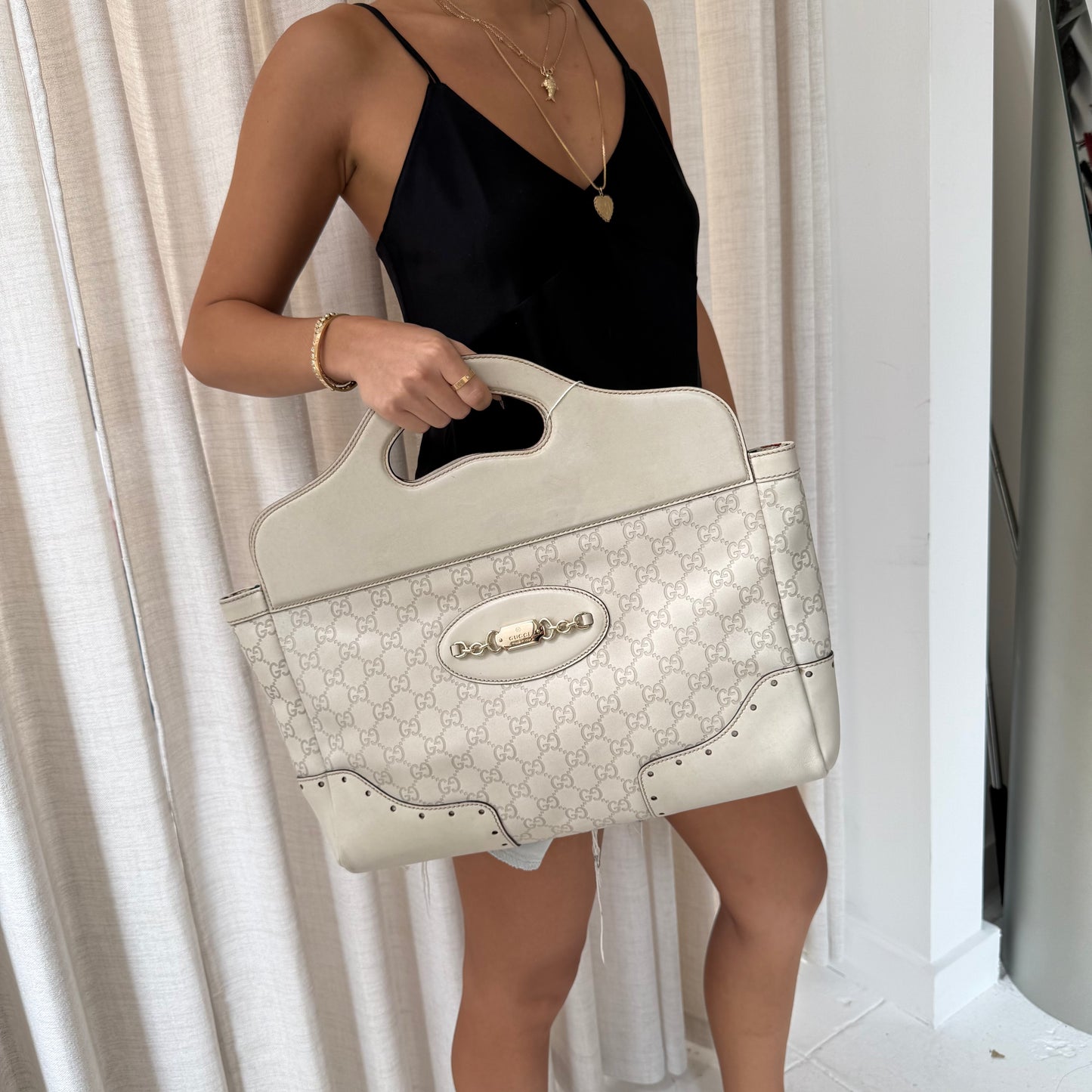 Gucci White Leather Monogram Guccissima Hobo Top Handle Bag