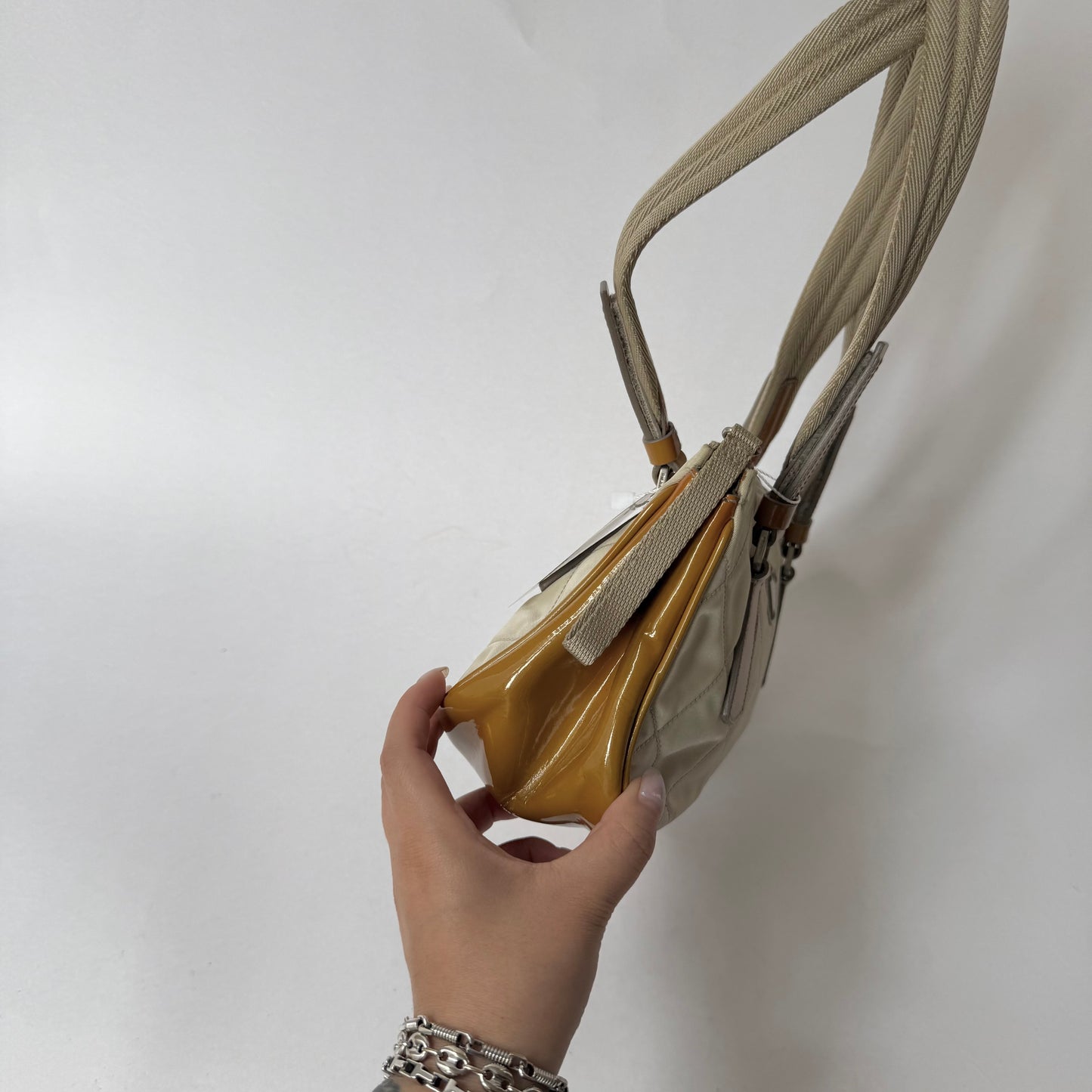 Prada Beige Quilted Shoulder Bag w/ Patent Leather Trim