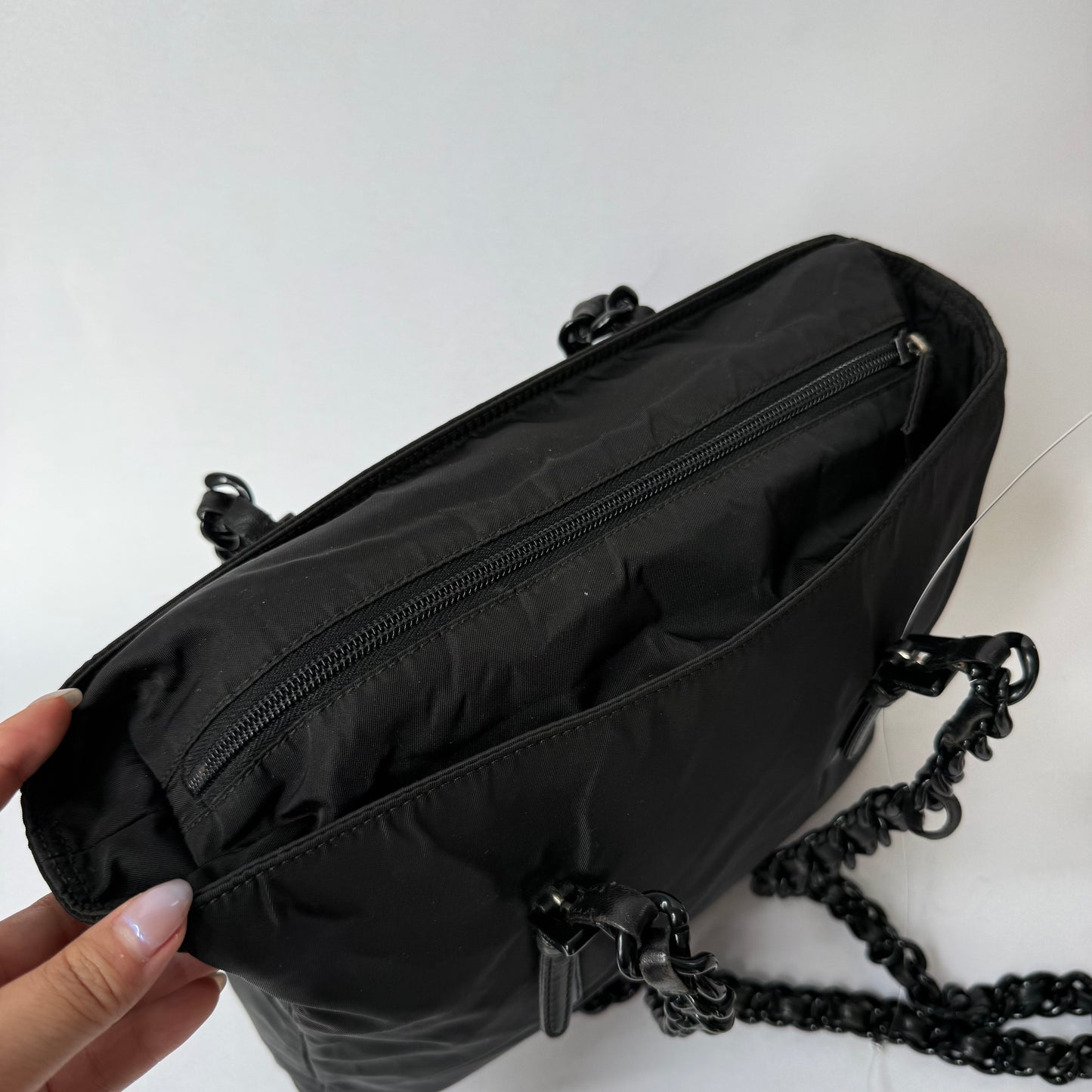 Prada Black Nylon Chain Handle Shoulder Tote Bag