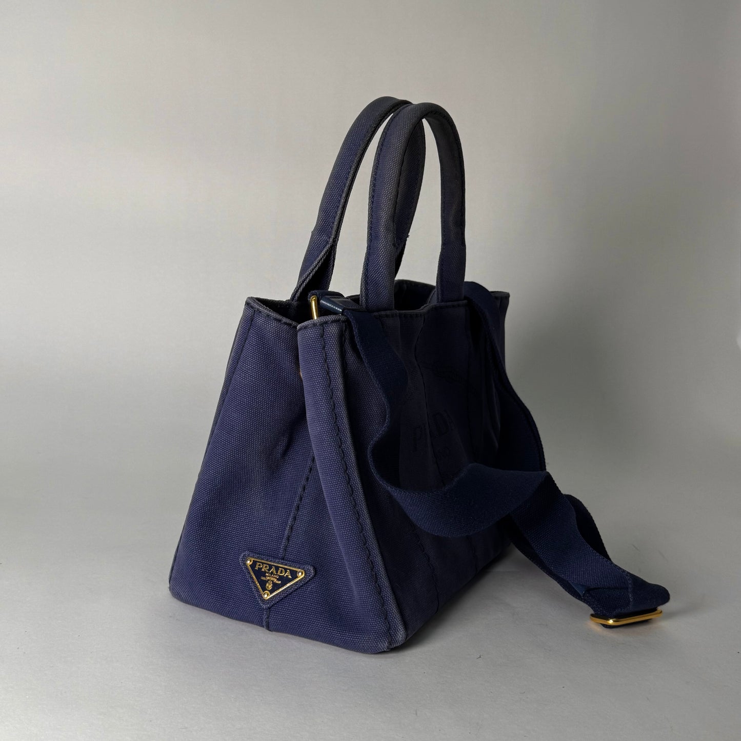 Prada Dark Blue Small Canapa Tote w/ Strap