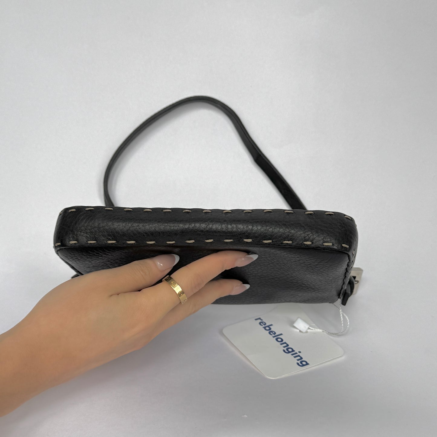 Fendi Black Pebbled Leather Selleria Mini Baguette