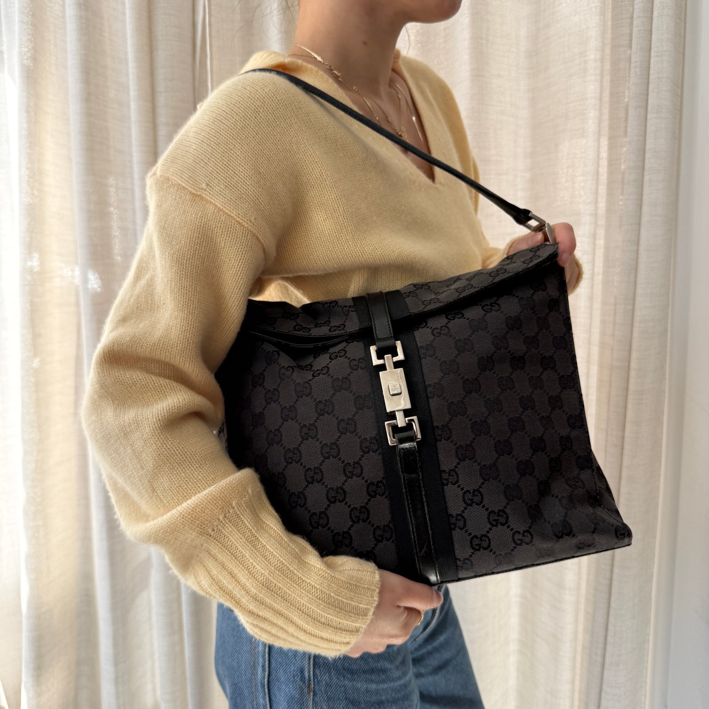 Gucci Black Canvas Monogram Square Jackie Shoulder Bag