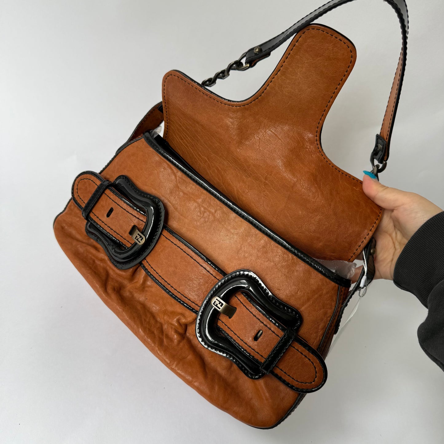 Fendi Brown Pebbled Leather Double Buckle Shoulder Bag