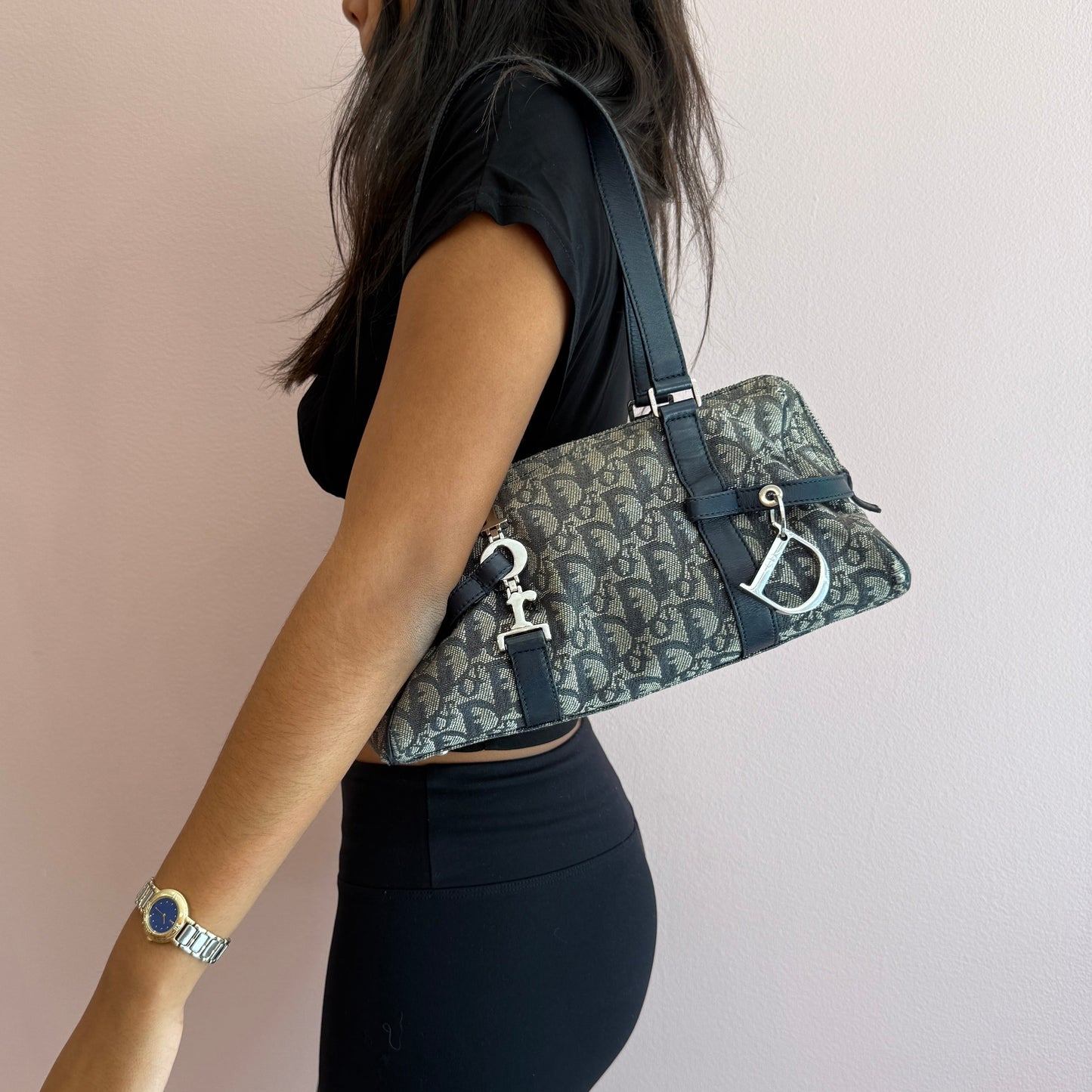 Christian Dior Navy Canvas Trotter Charm Boston Bag