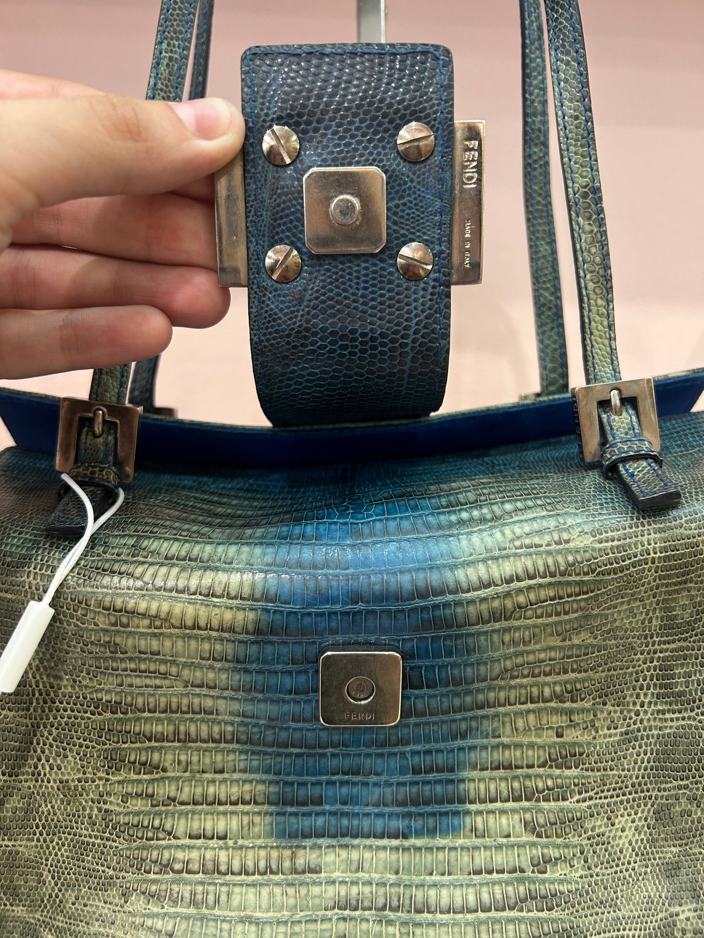 RARE Fendi Green Lizard Blue Stone Bento Box Bag