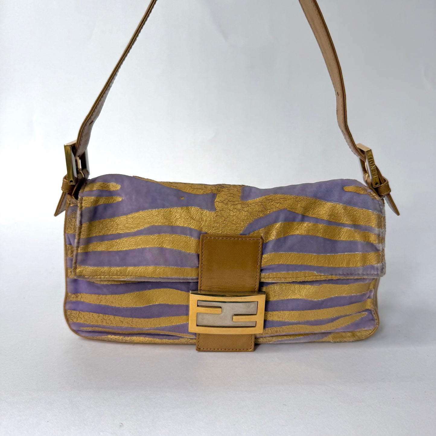 Fendi Gold & Purple Zebra Printed Baguette Shoulder Bag