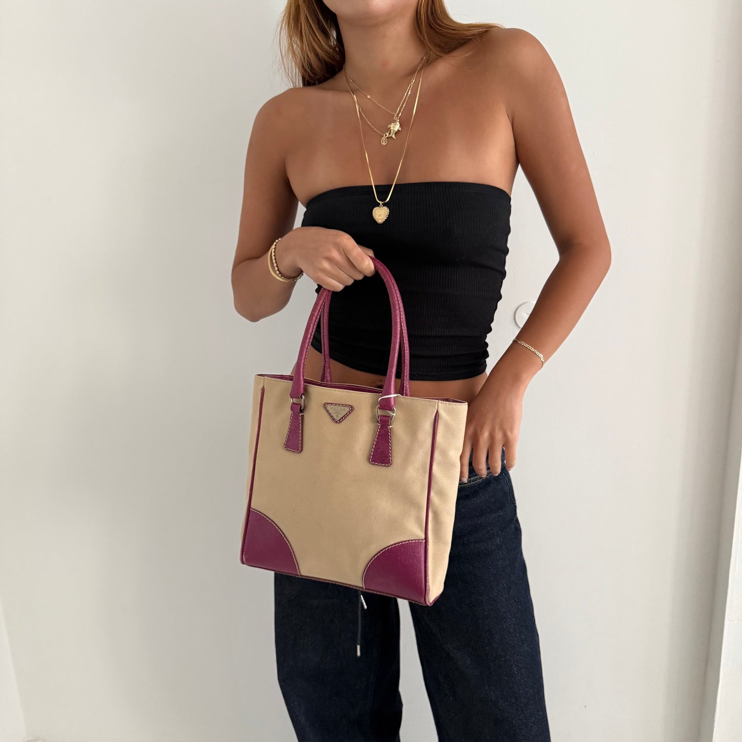 Prada Beige & Pink Canvas Tote Bag