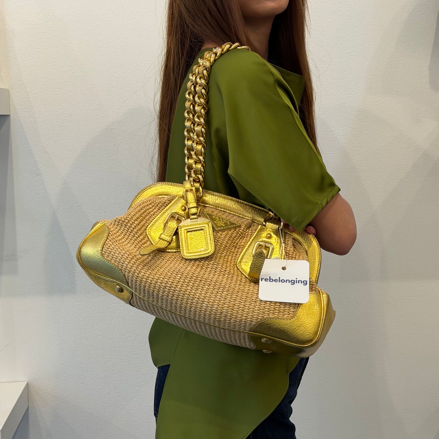 Prada Gold & Beige Raffia Chain Shoulder Bag