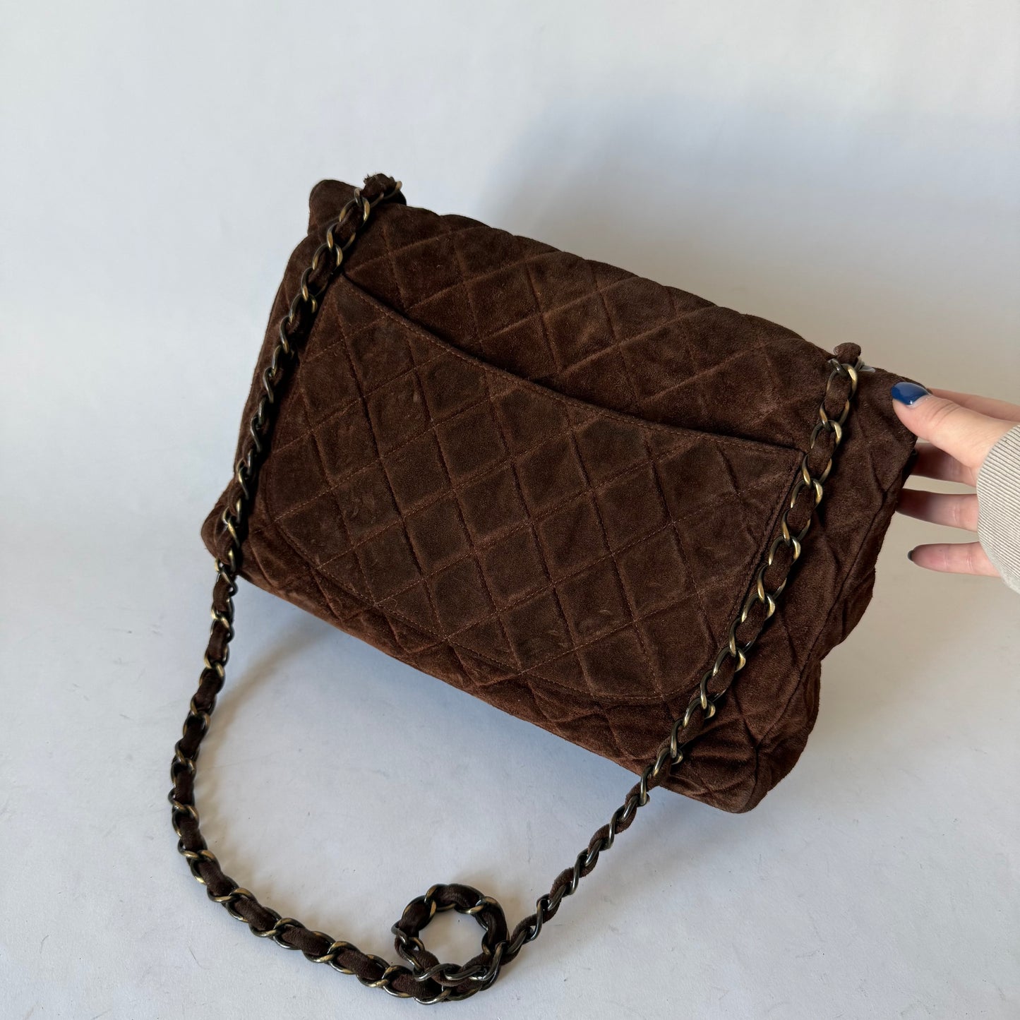 Chanel Brown Suede Antique Gold Hardware Large Flap