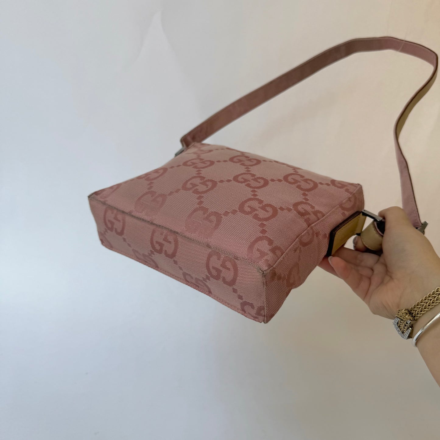 Gucci Pink Monogram & Beige Leather Shoulder Bag