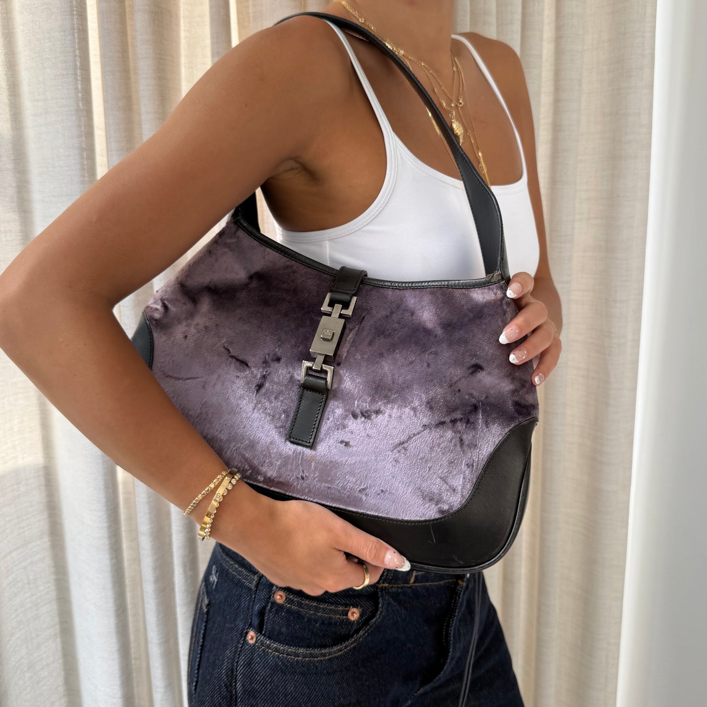 Gucci Purple Velour Jackie Shoulder Bag w/ Black Leather Trim
