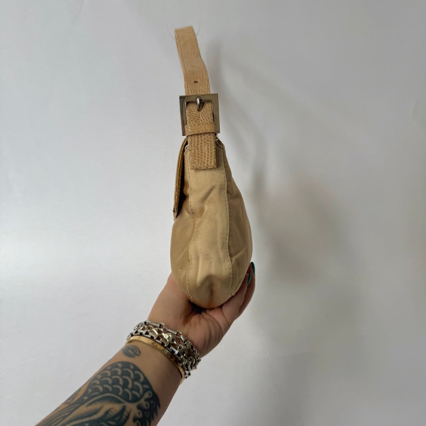 Fendi Beige Satin & Python Baguette Shoulder Bag