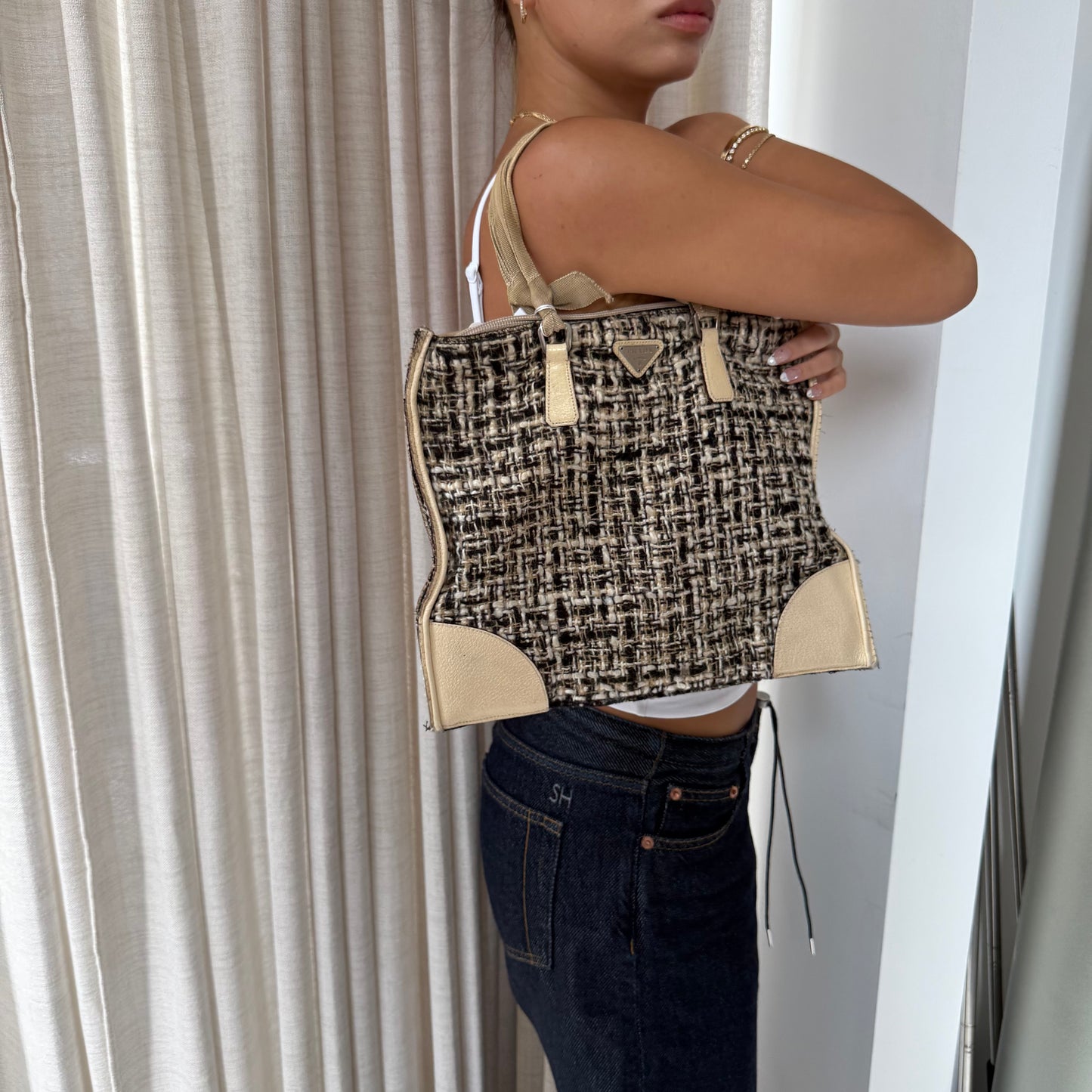Prada Woven Tweed & Cream Leather Tweed Bag