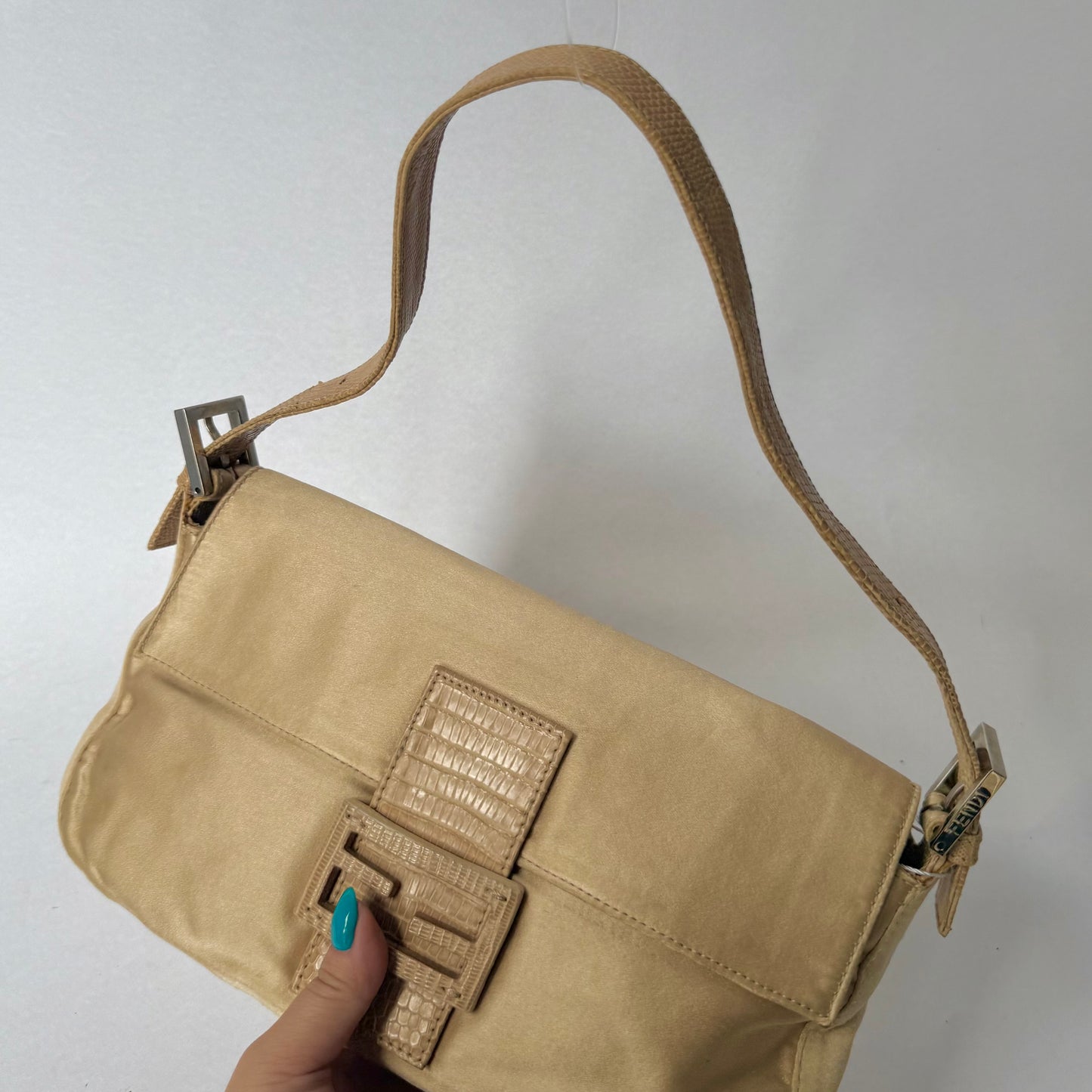 Fendi Beige Satin & Python Baguette Shoulder Bag