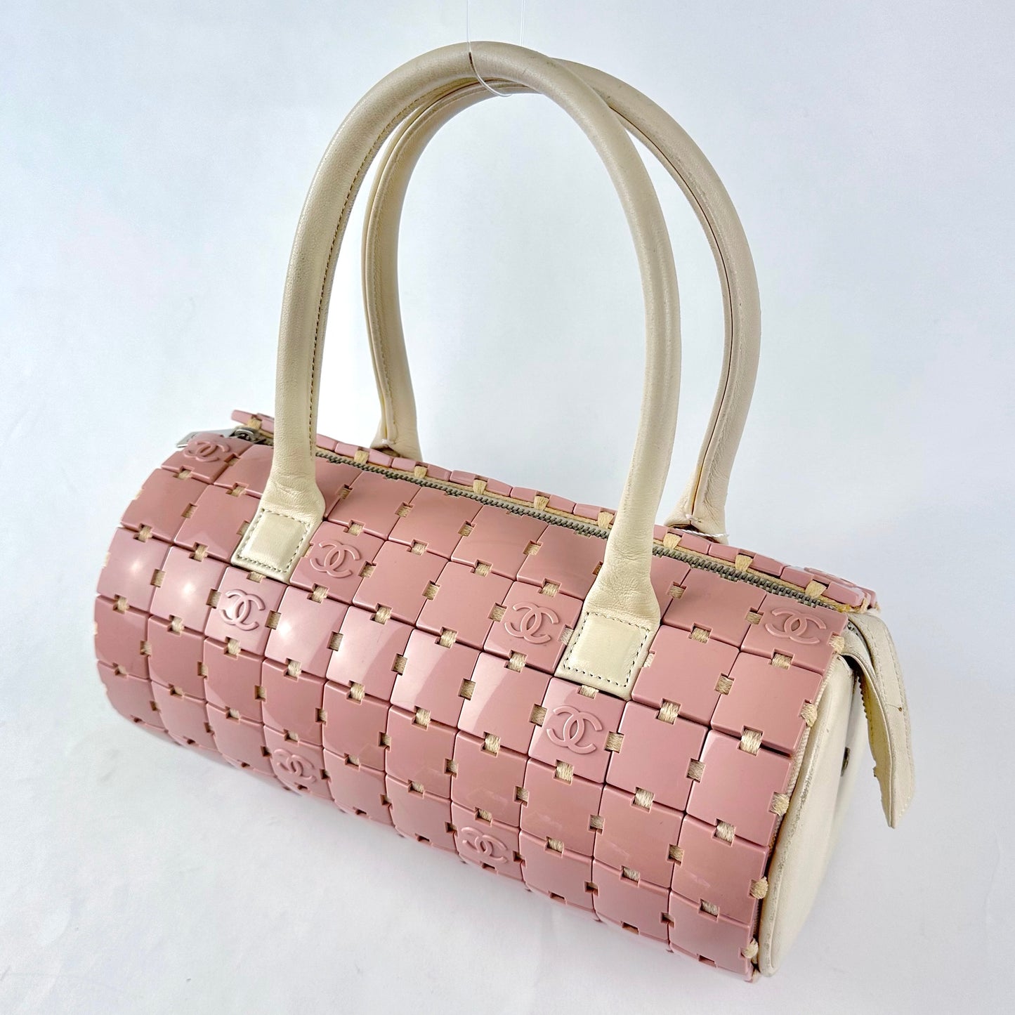 RARE Chanel Pink Puzzle Tiles Logo Barrel Cylinder Bag