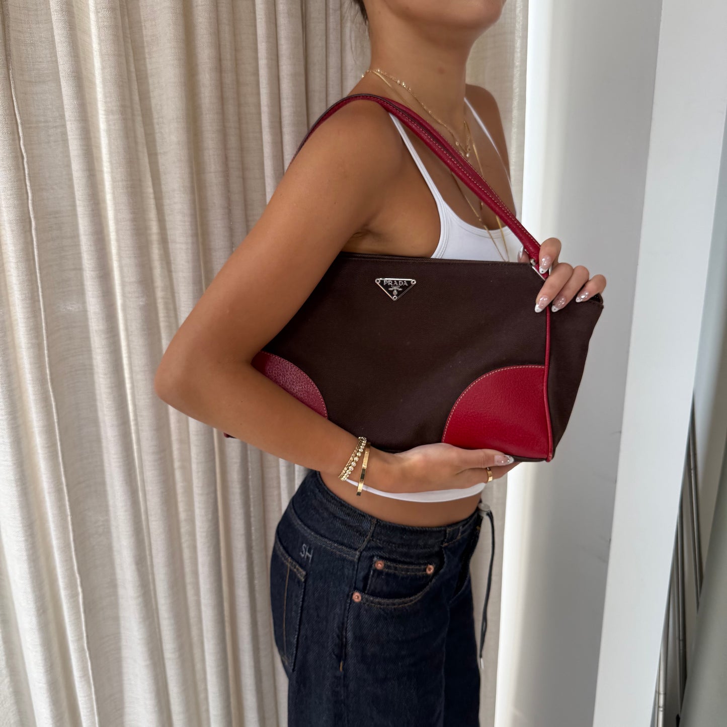Prada Brown Canvas & Red Leather Shoulder Tote Bag