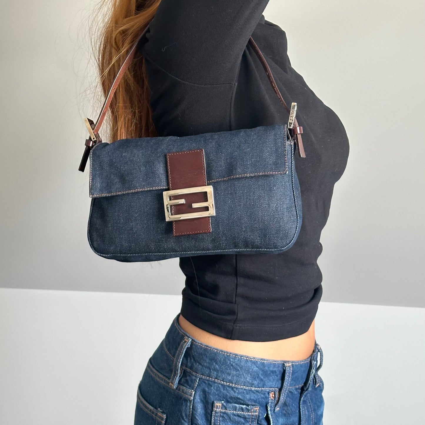 Fendi Denim Classic Baguette Shoulder Bag