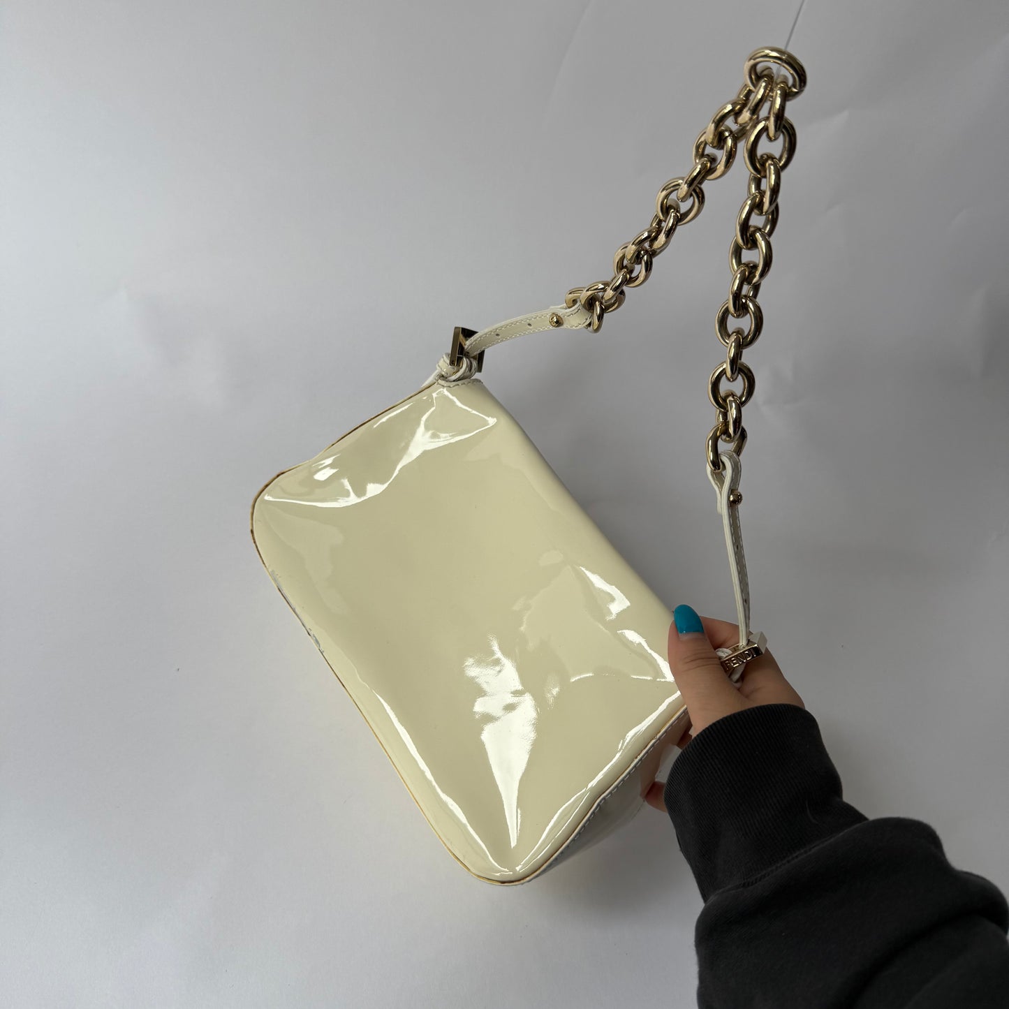 Fendi Cream Patent Leather Mini Mama Baguette w/ Chain Strap