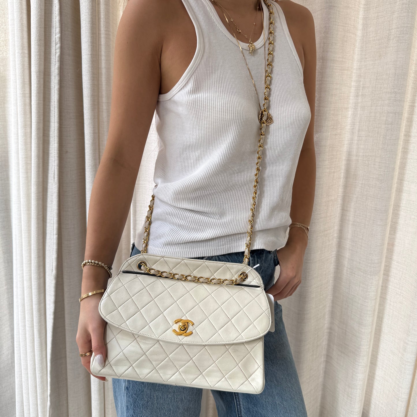 Chanel 24k GPHW White Lambskin Quilted Front Flap Chain Shoulder Bag