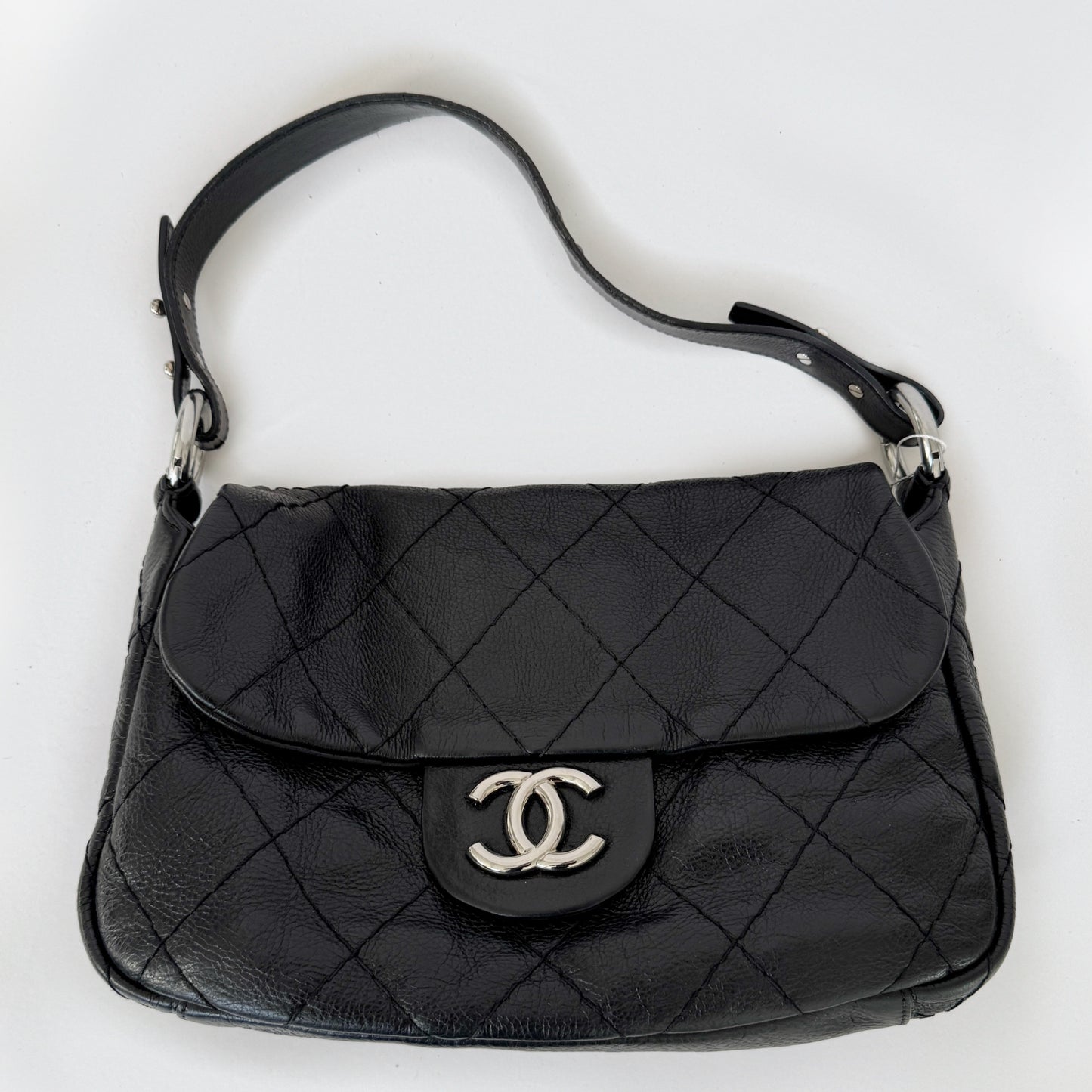 Chanel Black Pebbled Leather Stitched On The Road Shoulder Flap Bag