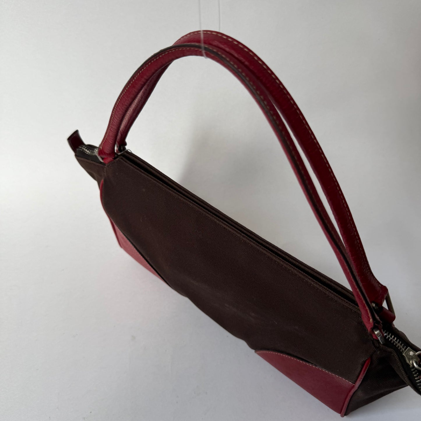 Prada Brown Canvas & Red Leather Shoulder Tote Bag