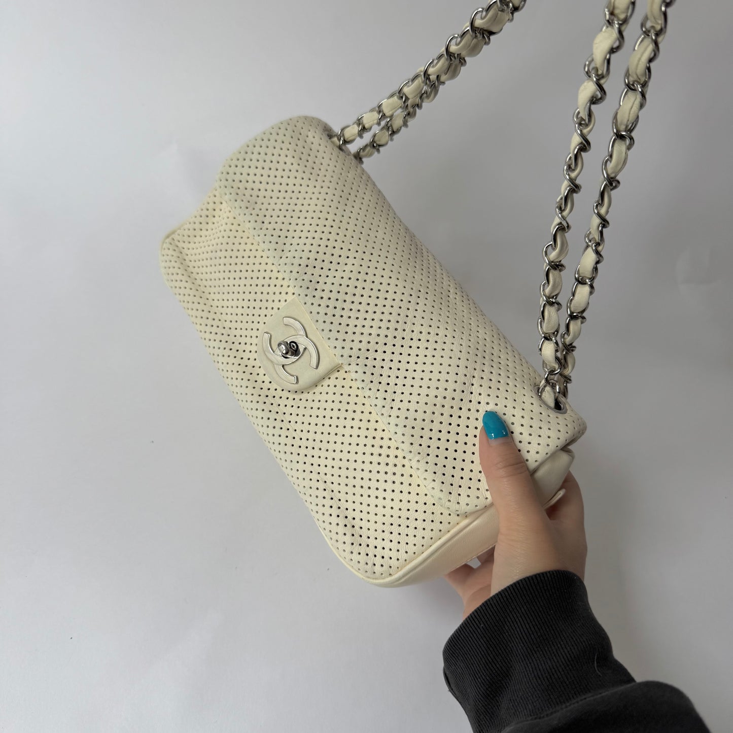 Chanel White Perforated Green Bottom Zipper Flap Bag