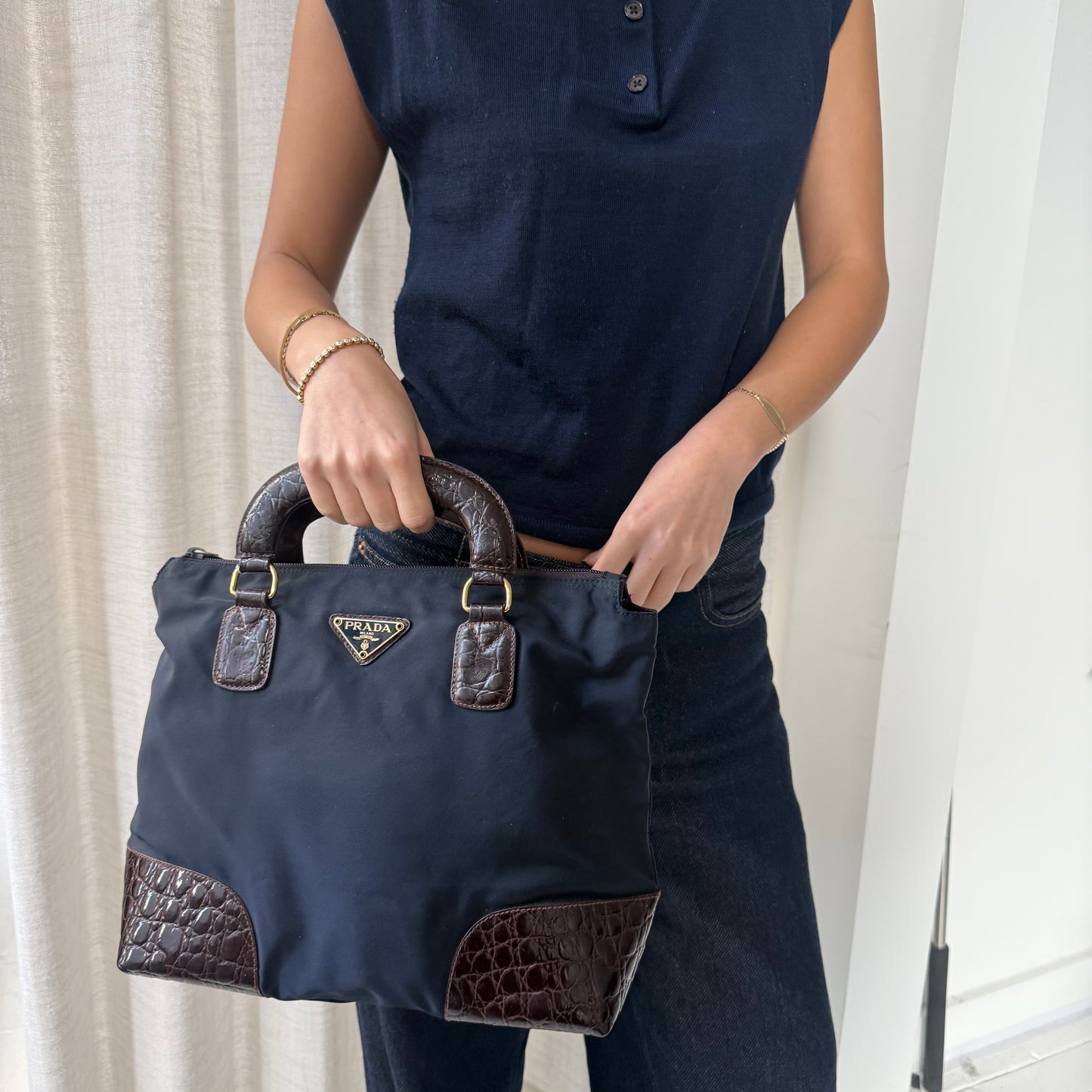 Prada Navy & Brown Nylon & Crocodile Top Handle Bag