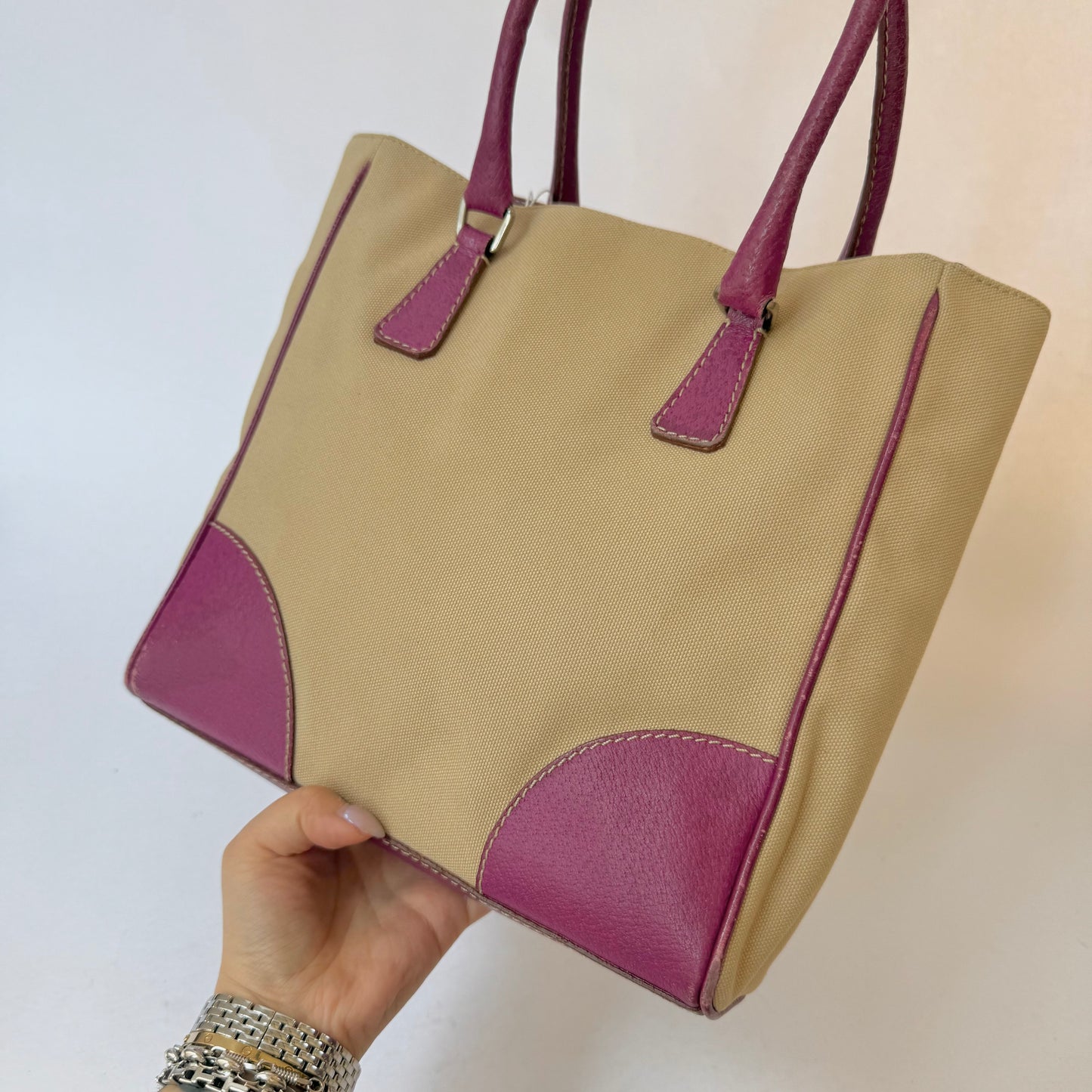 Prada Beige & Pink Canvas Tote Bag