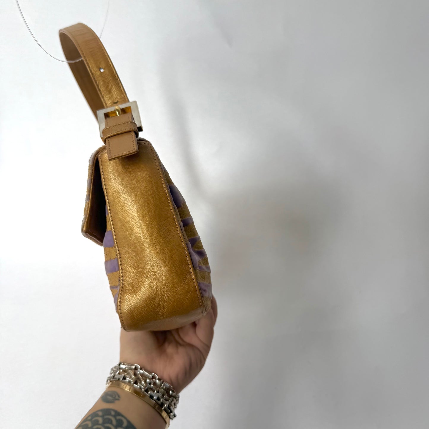 Fendi Gold & Purple Zebra Printed Baguette Shoulder Bag