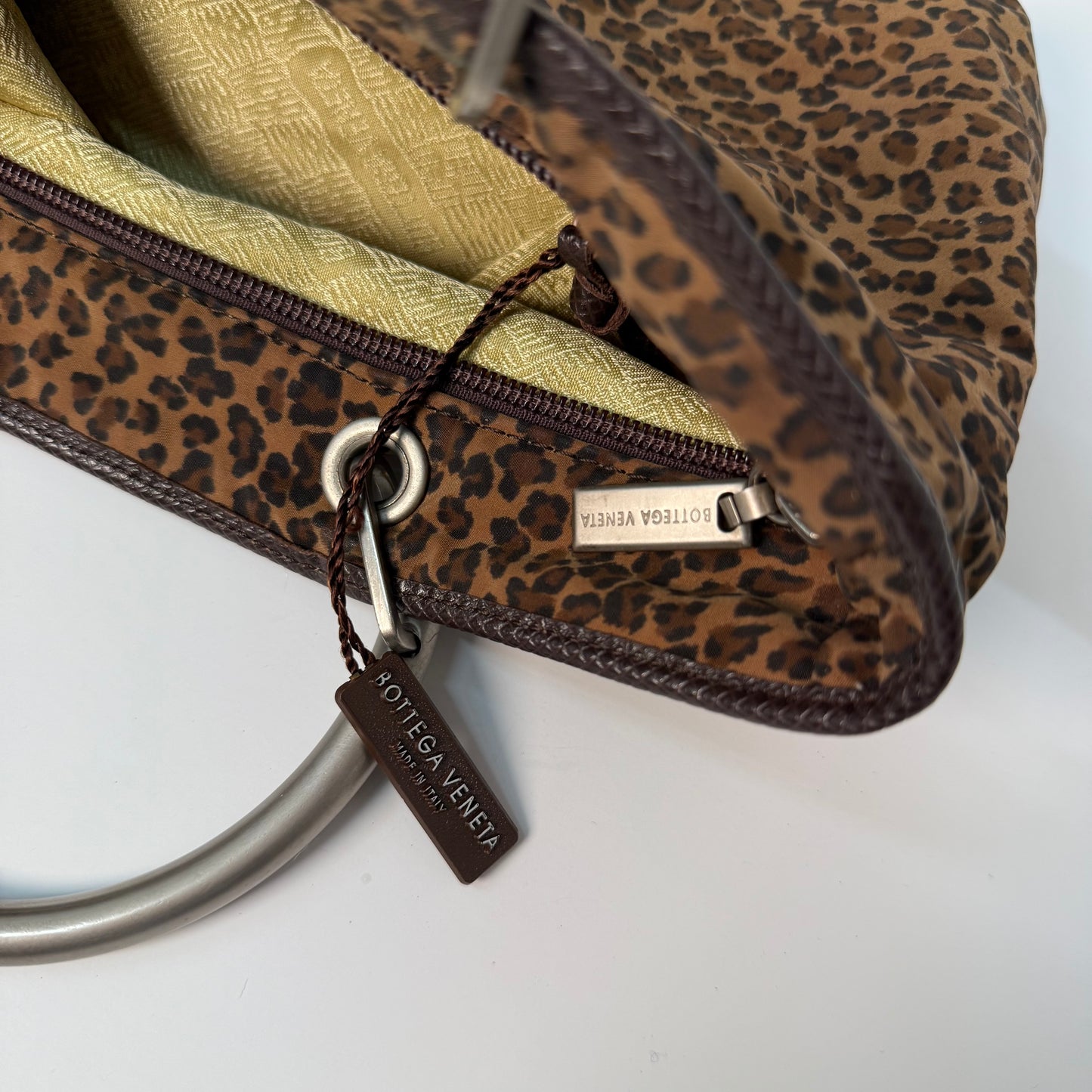 Bottega Veneta Cheetah Nylon Silver Top Handle Bag