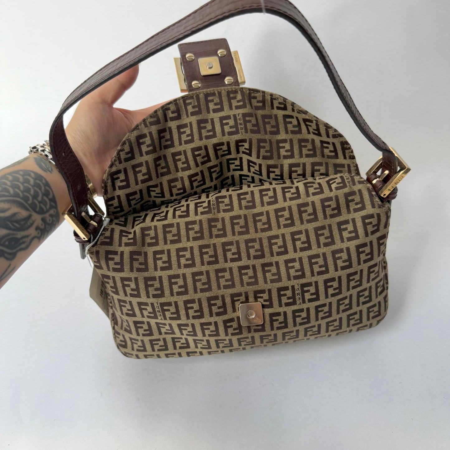 Fendi Brown Zucchino Round Flap Baguette