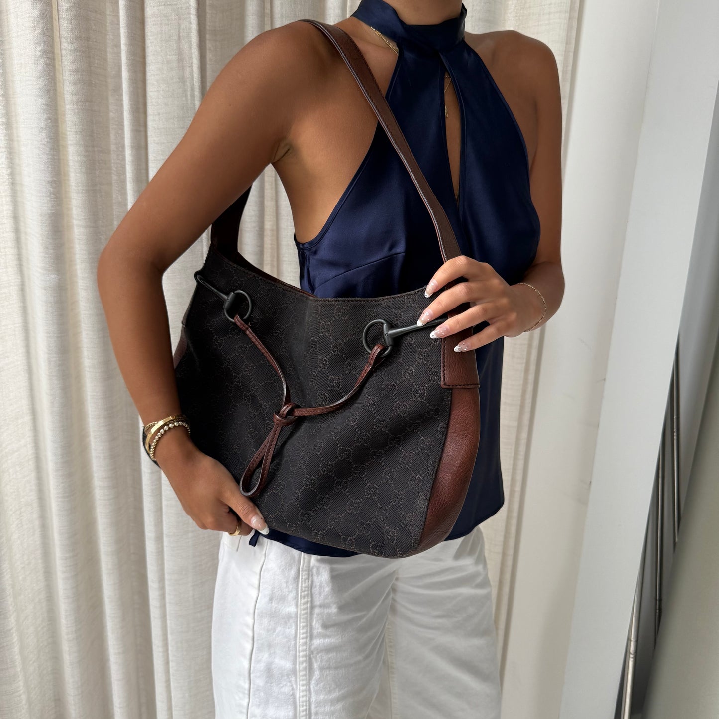 Gucci Brown Monogram Canvas Horsebit Shoulder Bag