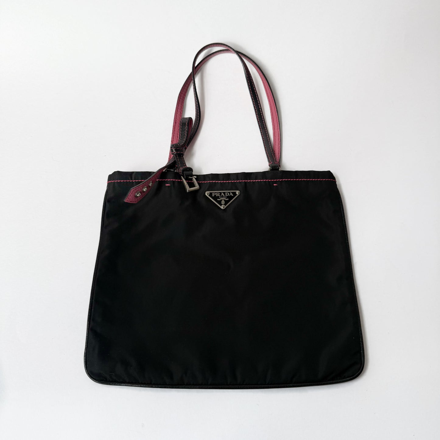 Prada Black Nylon & Pink Trim Small Tote Bag