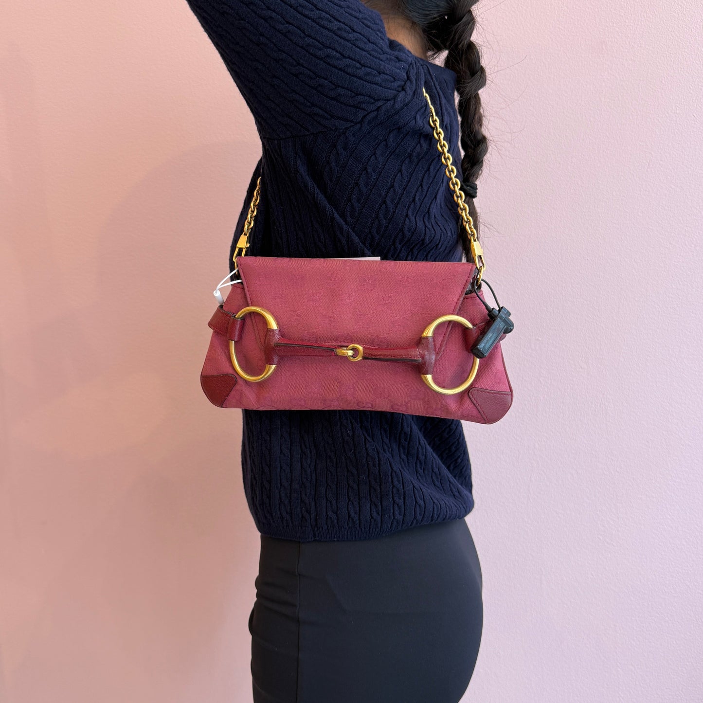 Gucci Pink Mauve Monogram Horsebit Small Shoulder Bag