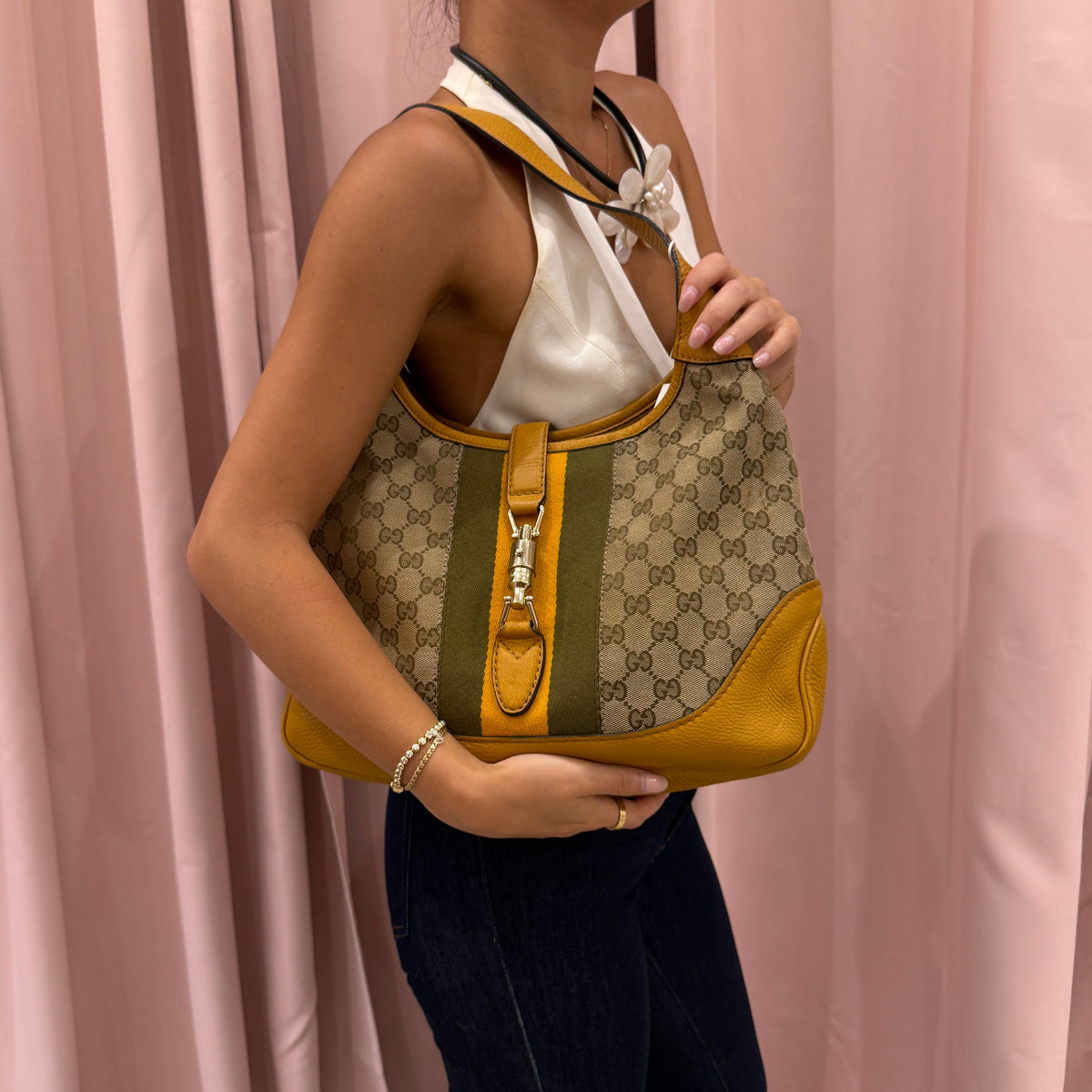 Gucci Beige & Yellow Canvas Leather Monogram Jackie Shoulder Bag