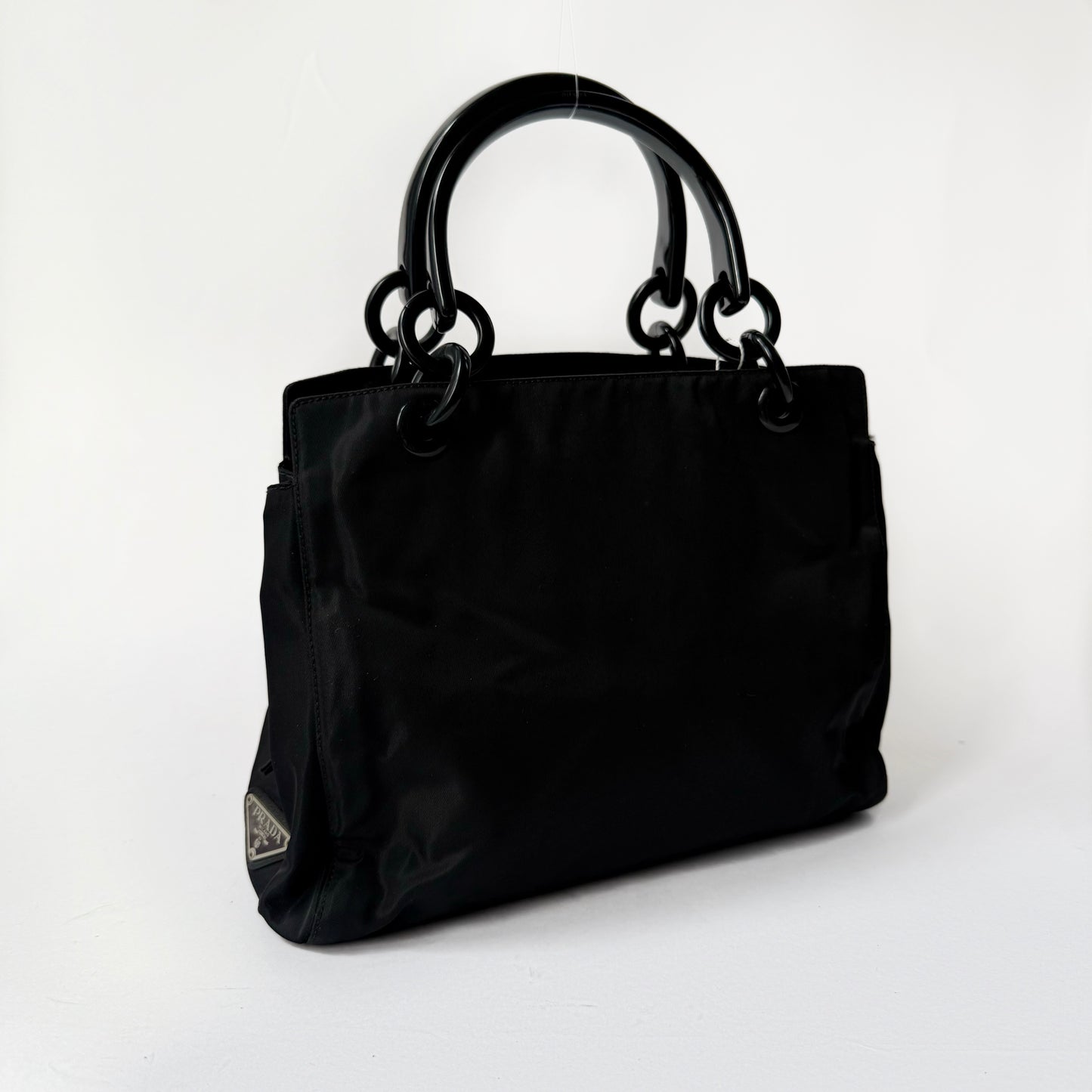 Prada Black Nylon Black Acrylic Handle Tote Bag