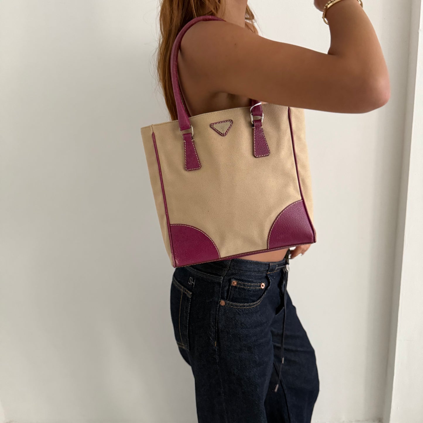 Prada Beige & Pink Canvas Tote Bag
