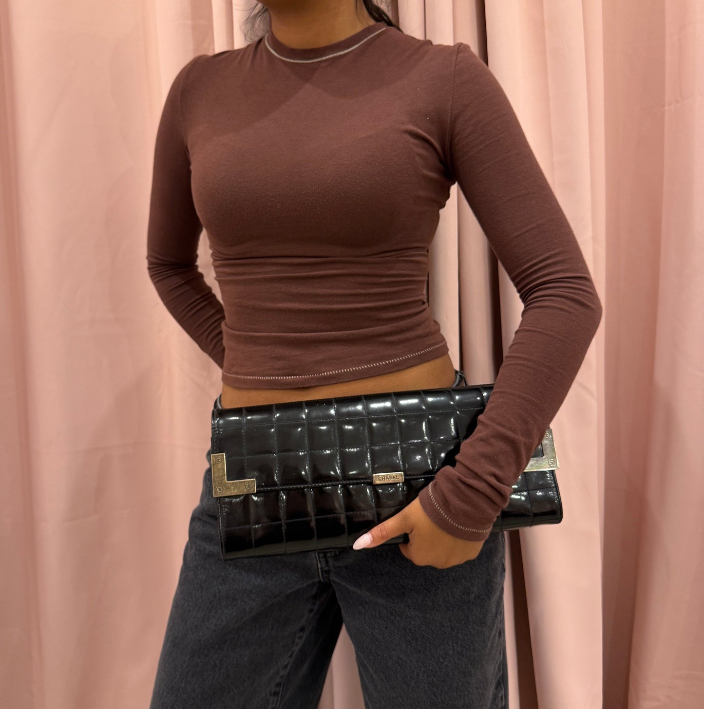 Chanel Black Patent Leather Chocolate Bar Quilted Clutch