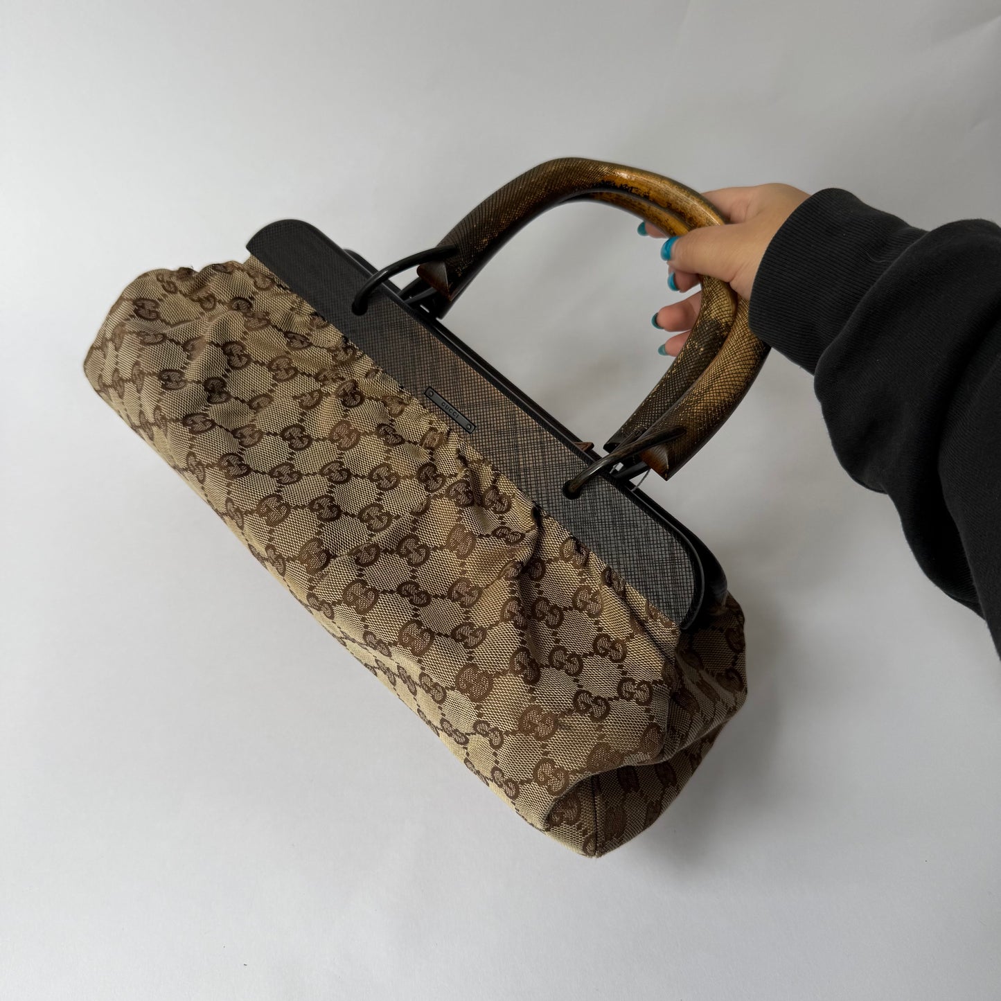 Gucci Brown Monogram Wooden Handle Bag