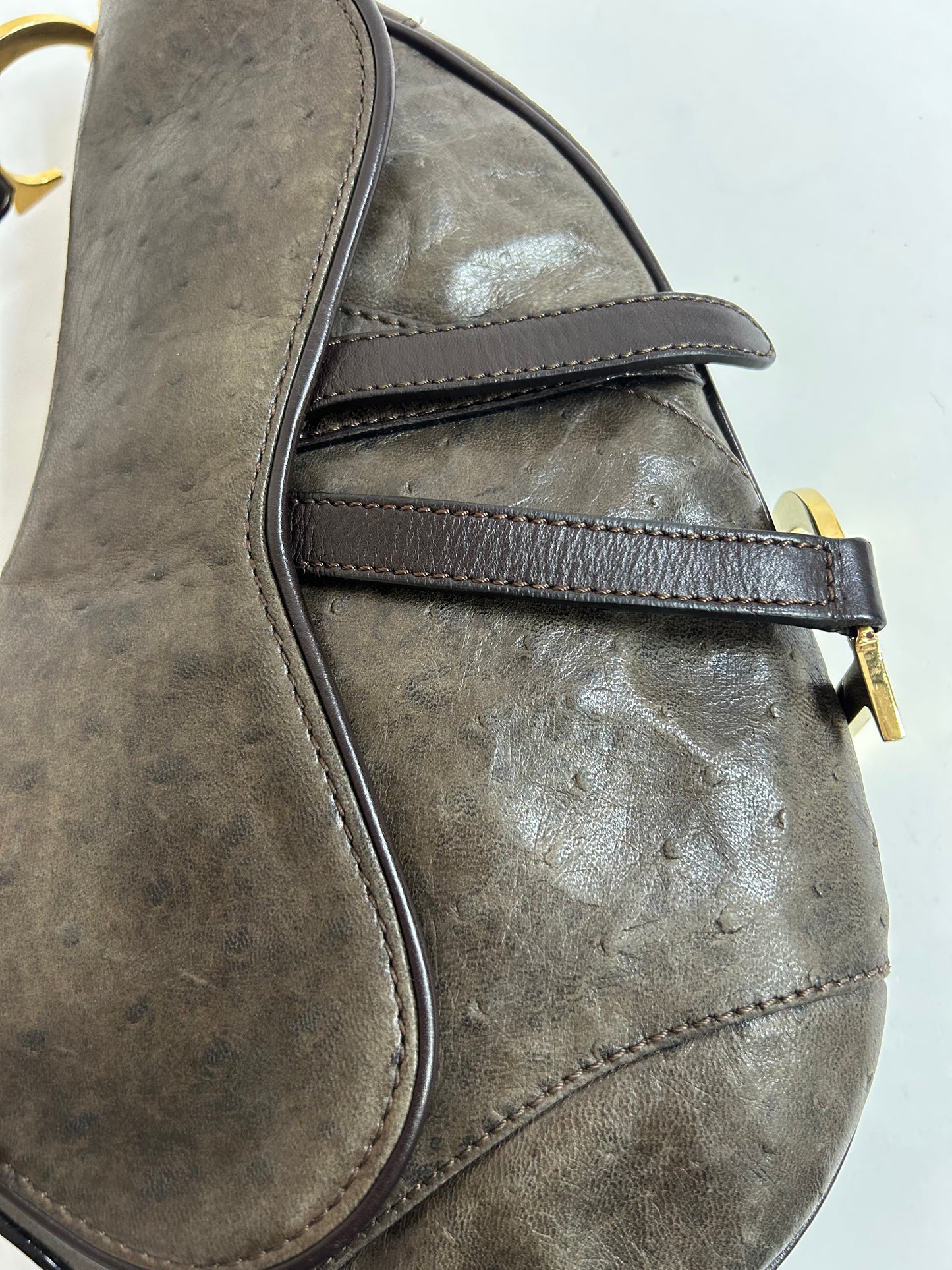Christian Dior Brown Ostrich Leather Saddle Bag GHW