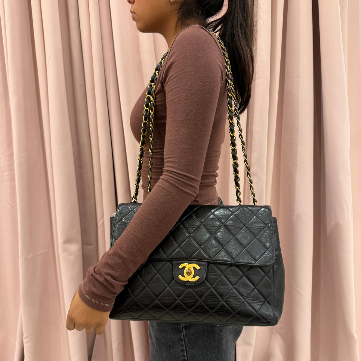 Chanel Black Lambskin Leather Quilted Jumbo Flap Shoulder Bag