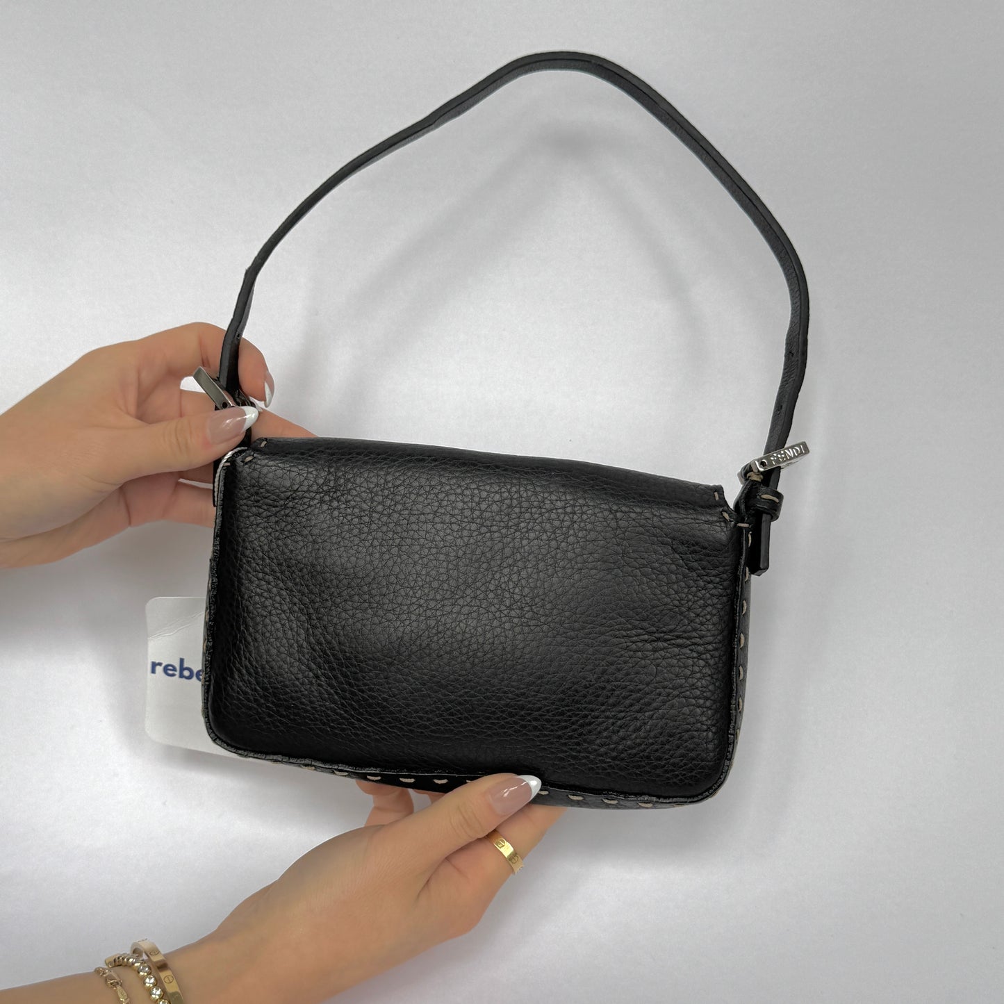 Fendi Black Pebbled Leather Selleria Mini Baguette