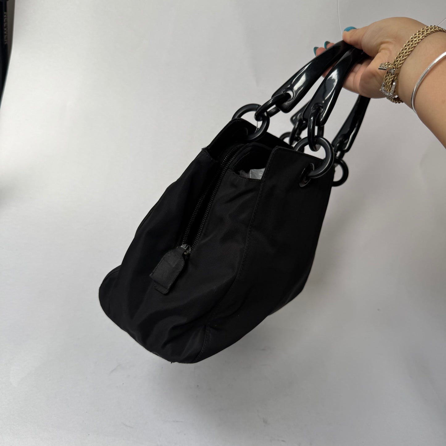 Prada Black Nylon Black Acrylic Handle Tote Bag