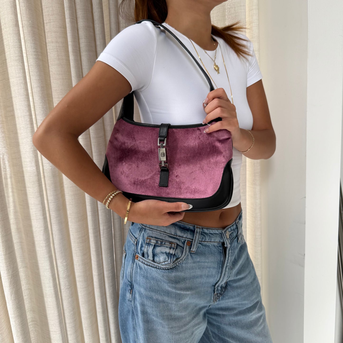 Gucci Pink Velour Small Jackie Shoulder Bag